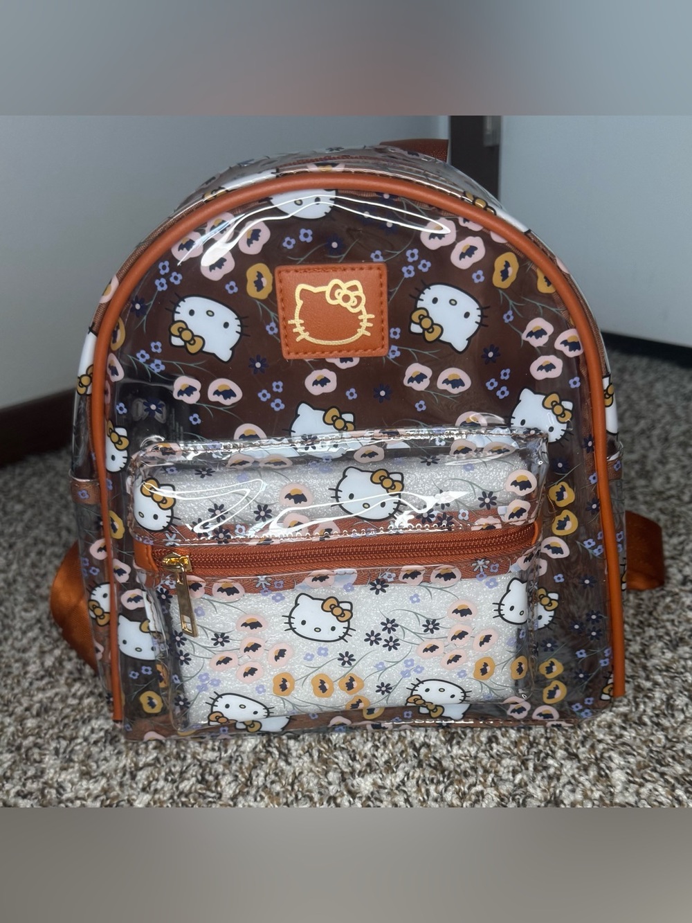 Hello Kitty Clear Mini Backpack Floral Print Brown Transparent Bag Sanrio NWT
